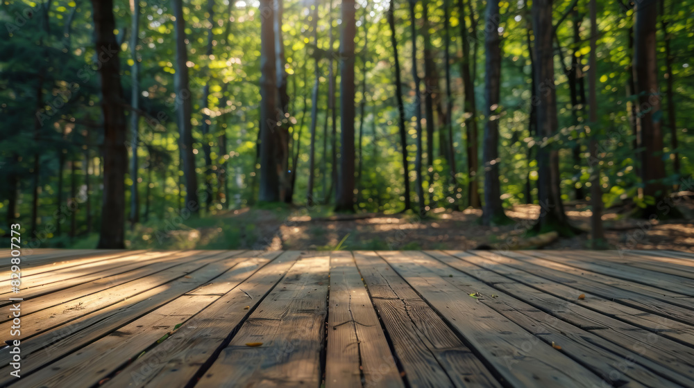 Empty Wooden Deck, Wooden deck with forest background, Relaxation and Outdoor Space, Nature Retreat 