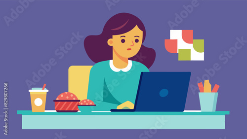 A woman sits at her desk surrounded by empty candy wrappers and chip bags typing furiously on her laptop as she attempts to distract herself from the constant urge to binge.. Vector illustration
