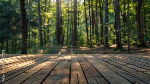 Empty Wooden Deck  Wooden deck with forest background  Relaxation and Outdoor Space  Nature Retreat 