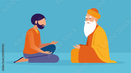 A quiet and peaceful dialogue between a Buddhist monk and a Sikh devotee united in their pursuit of harmony and understanding.. Vector illustration