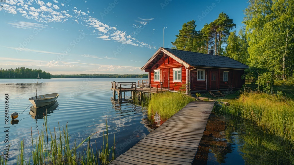 Fototapeta premium This scene features a traditional wooden sauna cottage on a Finnish lake, with a nearby pier and fishing boat. The vibrant summer landscape