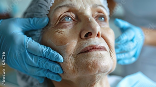 La apariencia de una persona mayor siendo tratada por un dermatólogo de tratamiento contra el envejecimiento de la piel






 photo