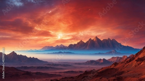 Martian sunrise,sunset, Landscape of Mars, the red planet, with towering mountains silhouetted against the colorful sky. © xKas