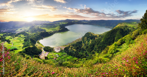 Fototapeta Naklejka Na Ścianę i Meble -  Furnas Lake, crater lake in the volcanic formation of Furnas, panoramic view from Pico do Ferro, Sao Miguel Island, Azores, Portugal