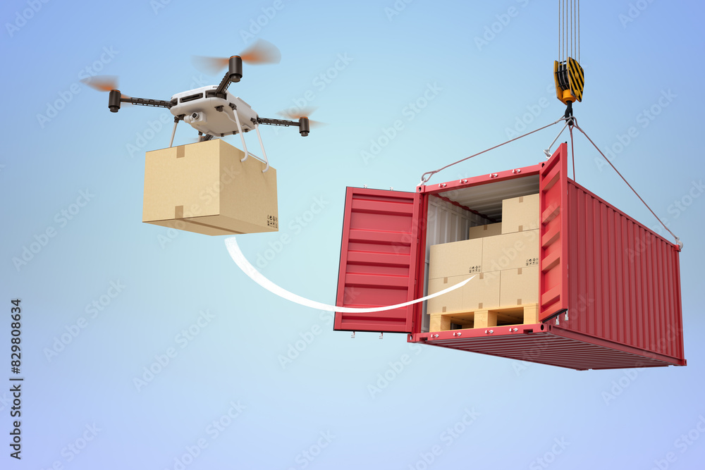 Drone delivering package to a cargo container