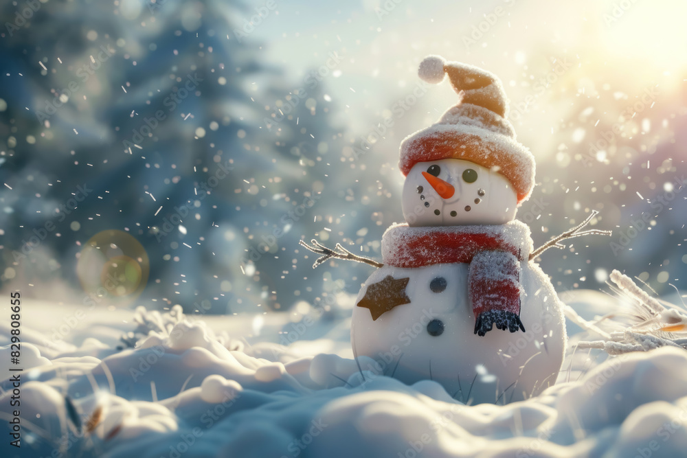 Fototapeta premium Snowman, Snowman in a snowy landscape, Winter and Fun, Holiday Cheer