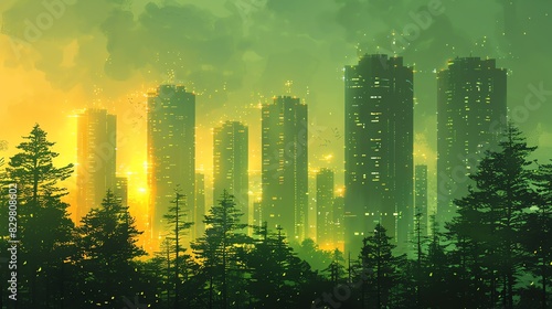 Green cityscape with tall buildings and trees at sunset. photo