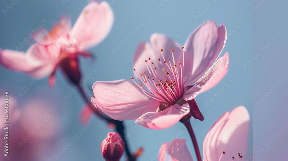 A macro view of a blooming cherry blossom with pink petals and a clear blue sky in the background. A macro view of a blooming cherry blossom with pink petals and a clear blue sky in the background.