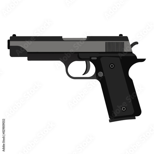 A black and silver handgun is placed on a plain white background