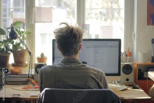 Diseñador de experiencia de usuario (UX), hombre, con pelo corto, sentado en su escritorio mirando el monitor, vista desde atrás.