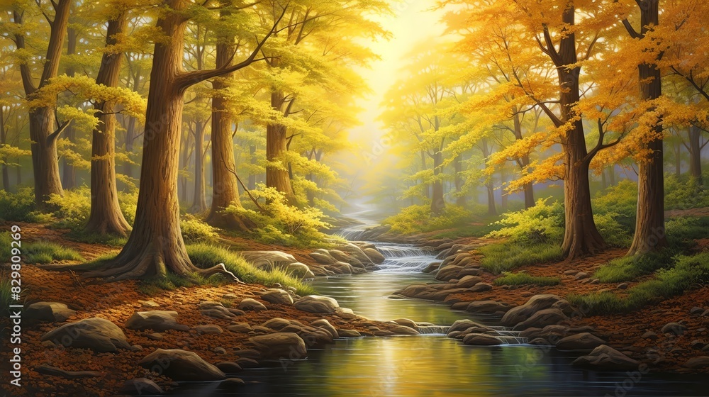 Obraz premium A serene forest stream flows through a vibrant autumn woodland illuminated by soft, golden sunlight, offering a peaceful natural landscape.