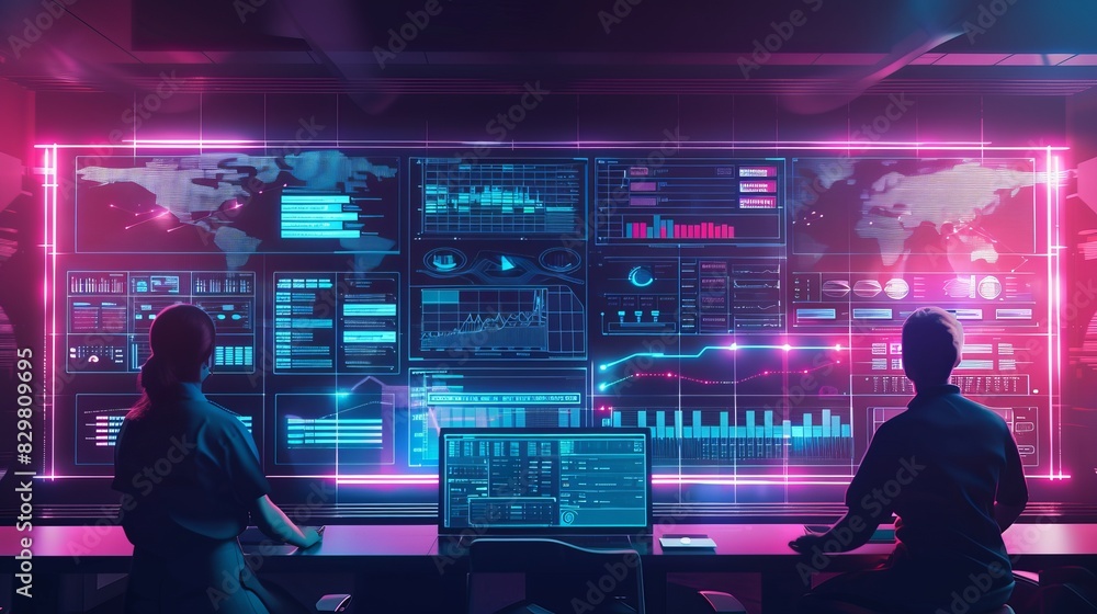 Two analysts working in a futuristic control room with neon lights and large digital screens displaying data visualizations and world maps. Two analysts working in a futuristic control room with neon lights and large digital screens displaying data visualizations and world maps.