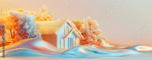 Banner serene house with a gabled roof, surrounded by pastel-colored trees in hues of orange and blue. Landscape is smooth and flowing, with dreamy, soft, warm lighting. illustration for children book photo