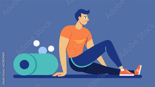 He takes breaks between sets to stretch and foam roll preventing any potential muscle strains or injuries.. Vector illustration