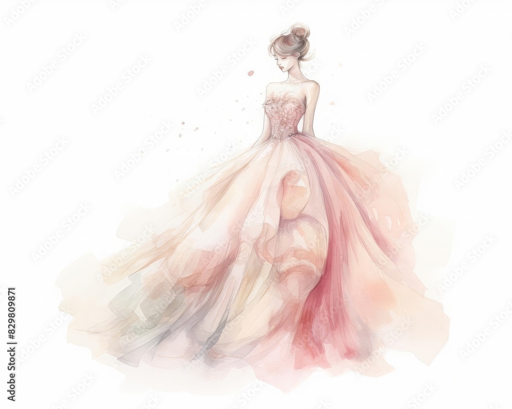 Naklejka premium Elegant watercolor graceful woman flowing pastel dress, evoking beauty femininity, isolated white background.