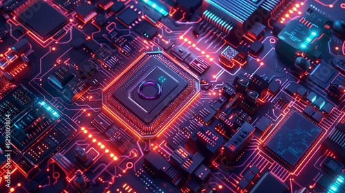 Vibrant close-up of a computer motherboard with neon lights, showcasing intricate circuitry and advanced technology.