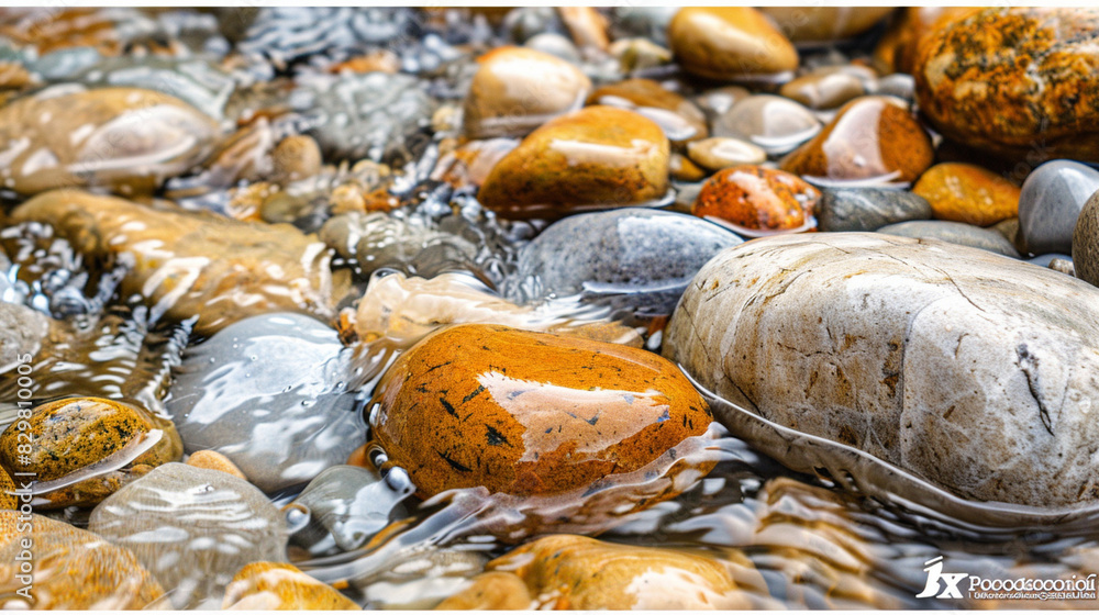 A detailed view of a mountain stream with clear water flowing over smooth stones. A detailed view of a mountain stream with clear water flowing over smooth stones.