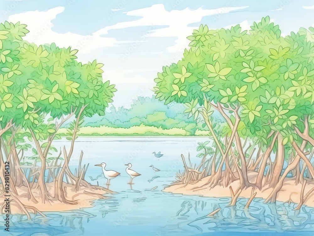 Illustration of a serene mangrove forest with clear skies and wading birds in calm waters, showcasing nature's beauty.