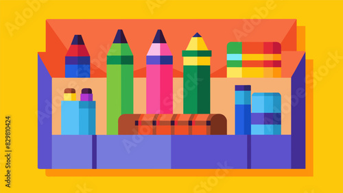 A set of crayons markers and construction paper neatly arranged in a cubby hole for the students next art project.. Vector illustration