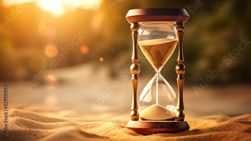 Hourglass with sand on sandy surface with blurred sunset background. Time concept. Design for poster, banner, wallpaper. Close-up photography.