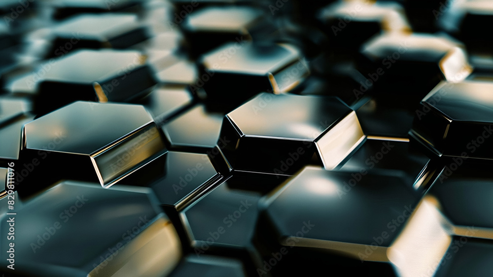 Obraz premium Abstract 3D Black Hexagonal Pattern with Glossy Metallic Surface