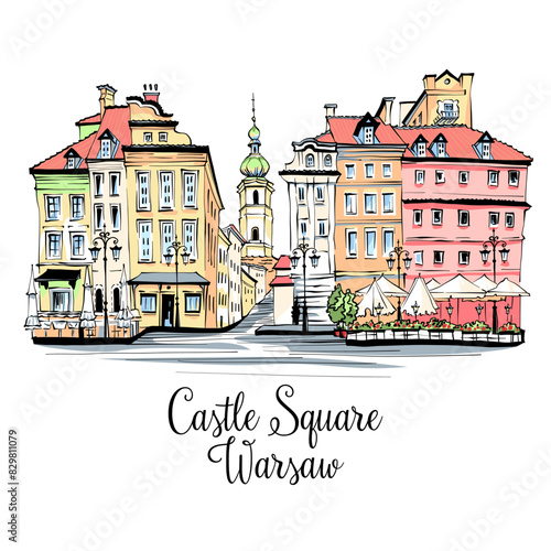 Vector color sketch of Castle Square in Warsaw Old town, Poland. photo