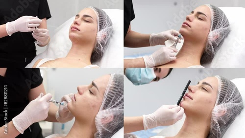Video collage. A cosmetologist performs a cosmetic procedure to correct the chin and correct the face. Video for a beauty salon. Cosmetic injection procedures concept photo