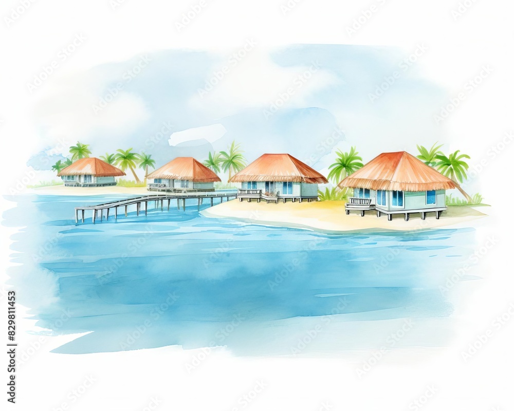 Serene watercolor illustration of tropical beach bungalows with calm blue waters, palm trees, and a peaceful sky. Serene watercolor illustration of tropical beach bungalows with calm blue waters, palm trees, and a peaceful sky.