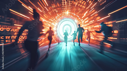Silhouettes of people running towards a bright portal with digital elements in the background. Futuristic and technology concept. Design for poster  banner  wallpaper. Motion blur photography.