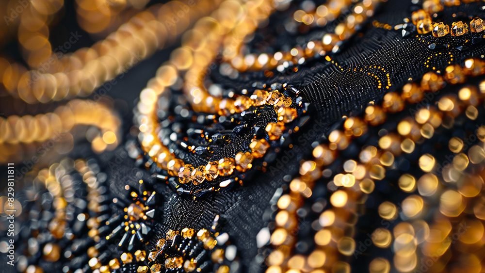 Close-Up of Intricate Black and Gold Beaded Embroidery Design Close-Up of Intricate Black and Gold Beaded Embroidery Design
