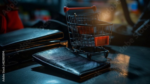 A purse and a wallet on a desk at work. A spotlight directed toward the shopping cart is shining through the dark. photo