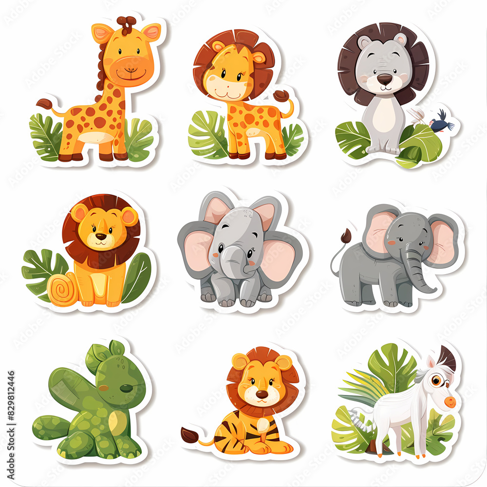 Fototapeta premium a Set Cute African animals on a White Canvas Sticker,vector image