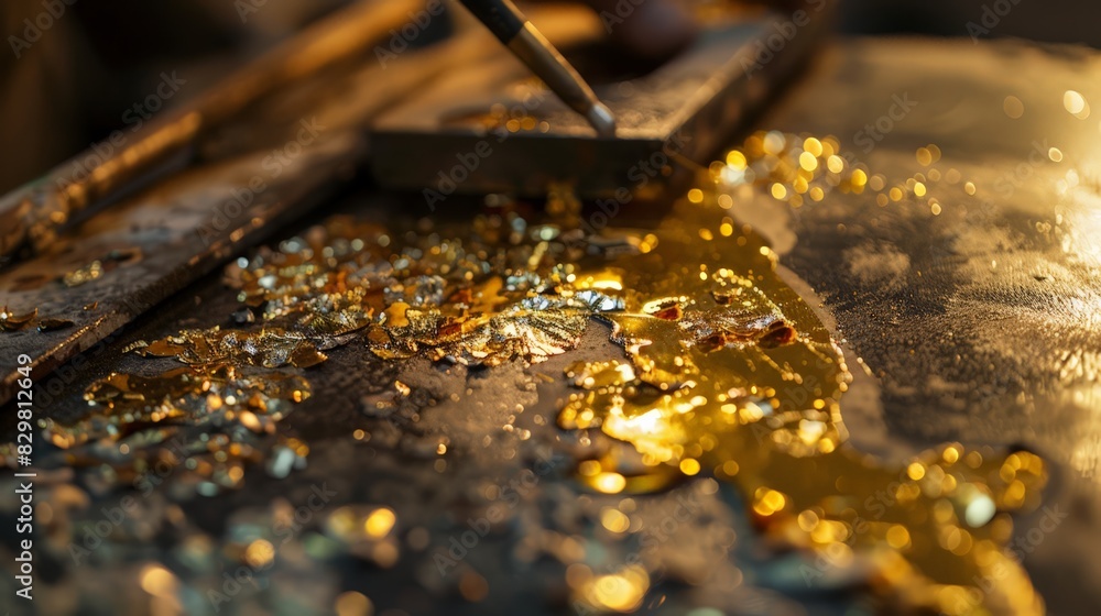 A close-up of gold leaf being applied to a religious artifact, demonstrating the meticulous craftsmanship and devotion involved. The gold leaf glimmers under the light. A close-up of gold leaf being applied to a religious artifact, demonstrating the meticulous craftsmanship and devotion involved. The gold leaf glimmers under the light.