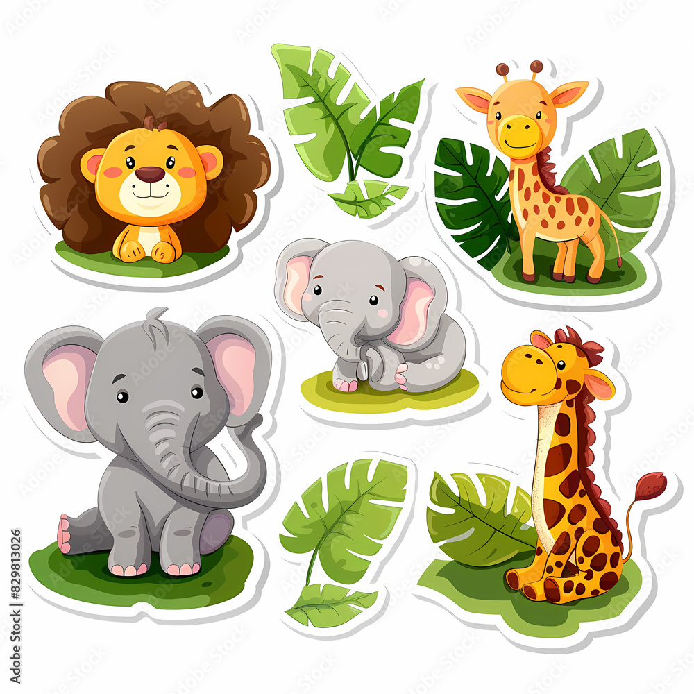 Naklejka premium a Set Cute African animals on a White Canvas Sticker,vector image