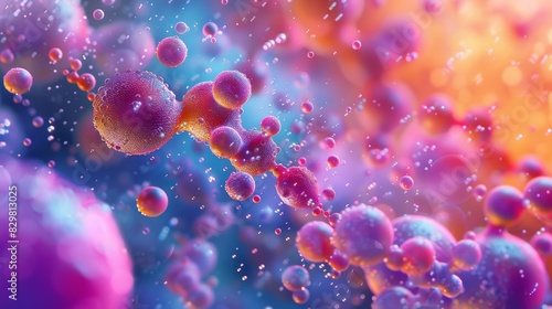 A 3D-rendered image of various organic molecules interacting, showcasing their intricate bonds and shapes in a vibrant, colorful scene.