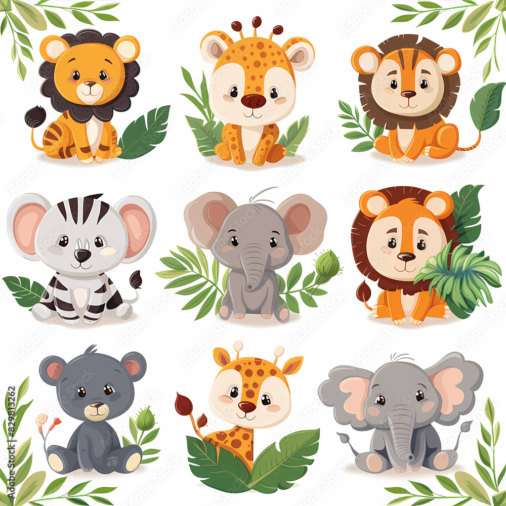 a Set Cute African animals on a White Canvas Sticker,vector image a Set Cute African animals on a White Canvas Sticker,vector image