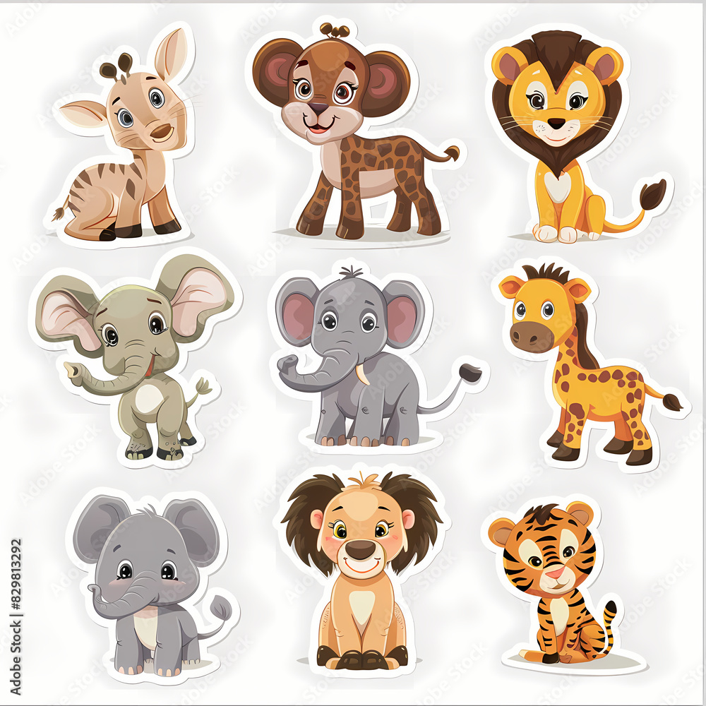 Fototapeta premium a Set Cute African animals on a White Canvas Sticker,vector image