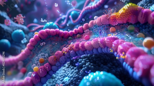 A 3D rendering of a metabolic pathway  with each step visually represented by different molecules and enzymes  illustrating the complexity of biochemical processes.