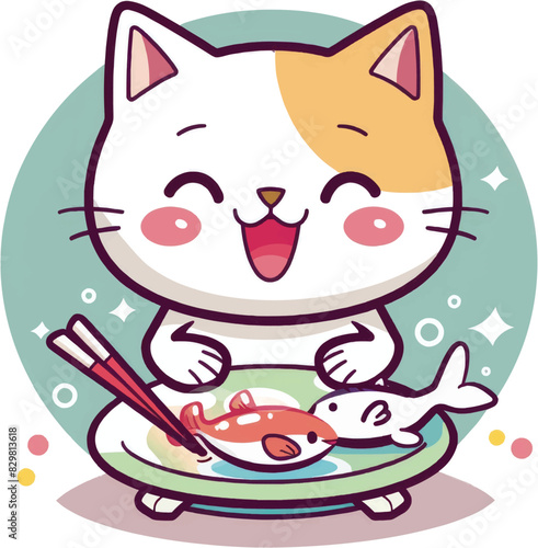 Kawaii cat eating fish on a plate. Vector illustration.