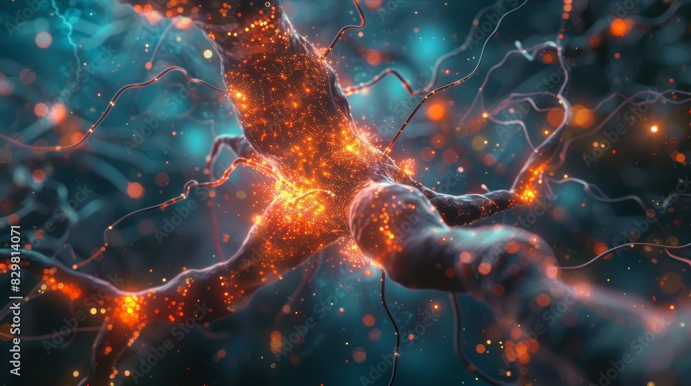 A conceptual image of a neuron surrounded by neurotransmitters, including glutamate and GABA, showcasing the balance between excitatory and inhibitory signals in neural communicati A conceptual image of a neuron surrounded by neurotransmitters, including glutamate and GABA, showcasing the balance between excitatory and inhibitory signals in neural communicati