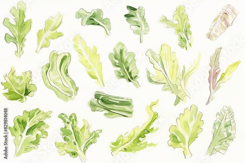 Watercolor illustration of various green leafy herbs and vegetables. Vibrant collection perfect for culinary, health, and botanical designs. photo