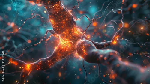 A conceptual image of a neuron surrounded by neurotransmitters, including glutamate and GABA, showcasing the balance between excitatory and inhibitory signals in neural communicati photo