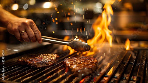 The chef grills steaks on the grill, with a closeup of hands holding tongs and sauce over flames. The background is an open kitchen for a steakhouse or restaurant, with high resolution photography. Th photo