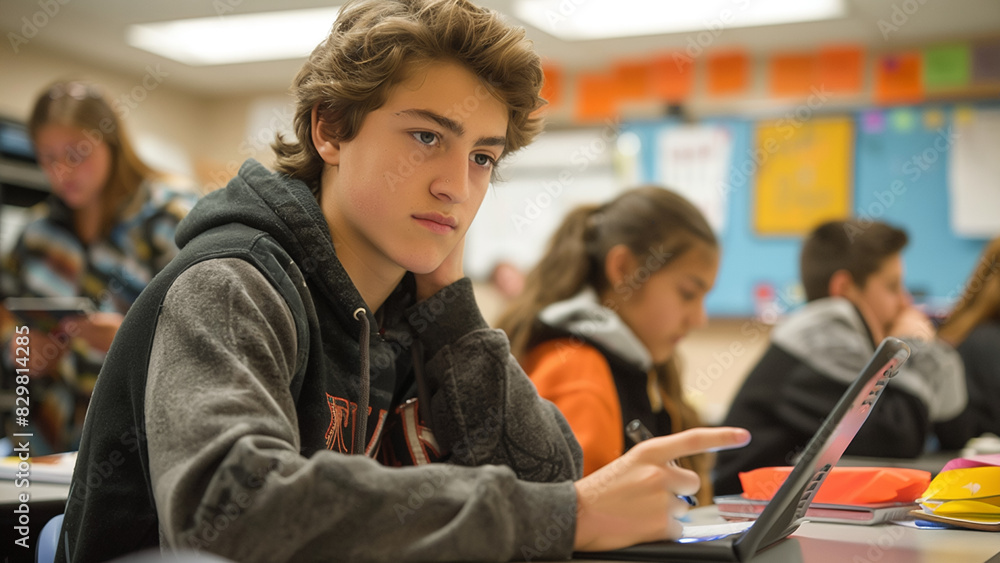 Focused Teen Student Using Laptop in Classroom for Learning and Study Focused Teen Student Using Laptop in Classroom for Learning and Study