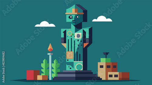 A sculpture made from recycled materials standing tall in the corner with intricate details and hidden symbolism waiting to be discovered by viewers.. Vector illustration