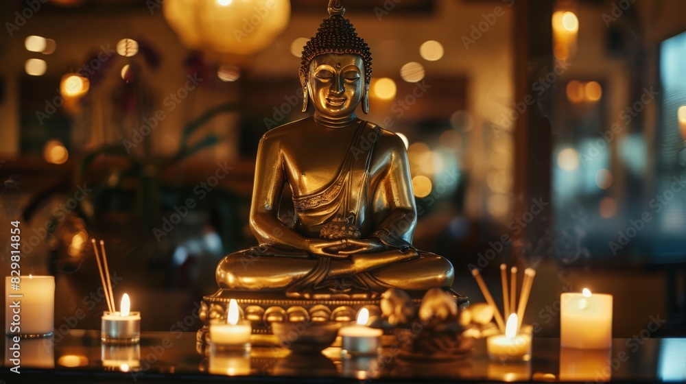A golden Buddha statue sitting serenely in a temple, surrounded by candles and incense. The statue's calm expression and golden aura evoke peace and spirituality. A golden Buddha statue sitting serenely in a temple, surrounded by candles and incense. The statue's calm expression and golden aura evoke peace and spirituality.