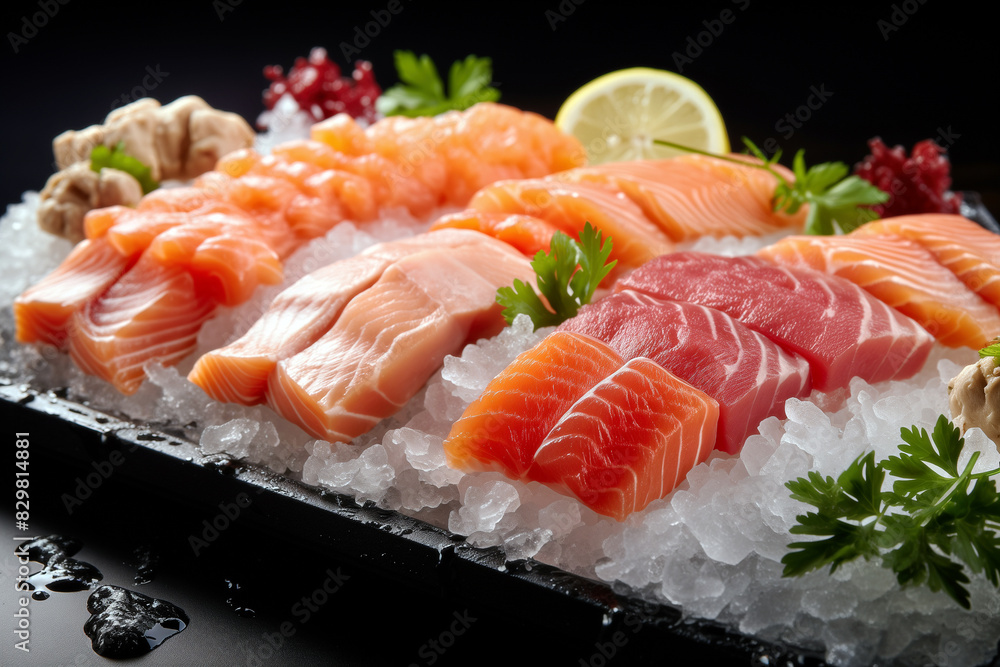 A tray of a wonderful array of seafood delights sitting atop a bed of crisp, glistening ice. A tray of a wonderful array of seafood delights sitting atop a bed of crisp, glistening ice.