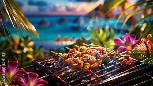 Grilled shrimps on the barbecue photo