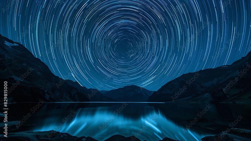 Fototapeta premium Star Trails Over a Tranquil Mountain Lake Under a Night Sky