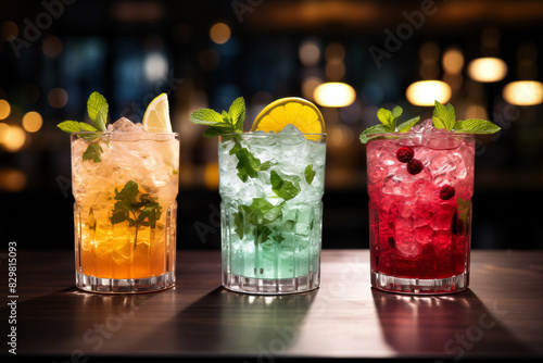 efreshing colorful cocktails on a bar counter at night. Blurred background with copy space photo